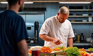 Chef being filmed while cooking in professional kitchen setup