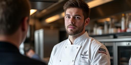 Professional chef being interviewed in restaurant kitchen