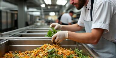 Commercial kitchen implementing food waste reduction strategies and composting
