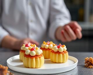 Chef developing gluten-free Asian desserts in modern kitchen
