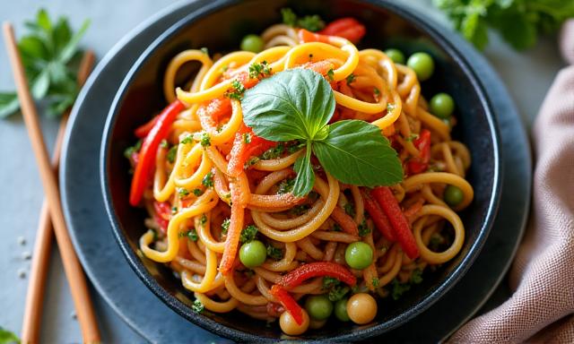 Colorful vegan Singapore noodles with fresh vegetables and plant-based proteins