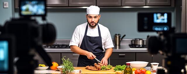 Professional chef conducting live cooking demonstration with multiple cameras
