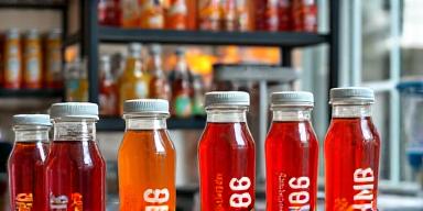 Trendy kombucha bar with various prebiotic sodas and fermented beverages