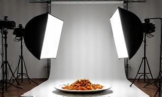 Professional food photography studio with advanced lighting equipment