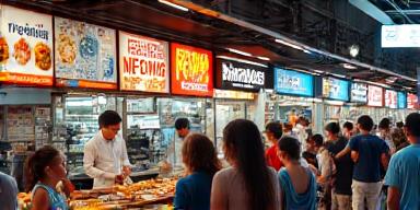 Bustling Singapore hawker center with authentic street food stalls